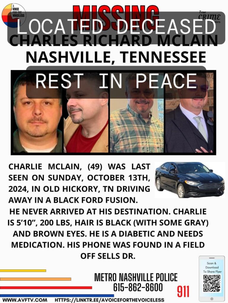 Suicide; Charlie McLain Nashville, TN, missing 49-year-old man found dead